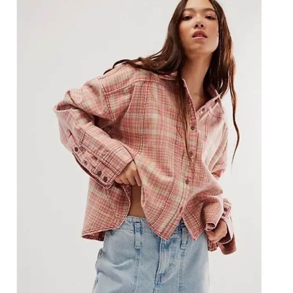 Free People We The Free Remade Plaid Top Red Combo Button Front Shirt Small - Picture 2 of 10